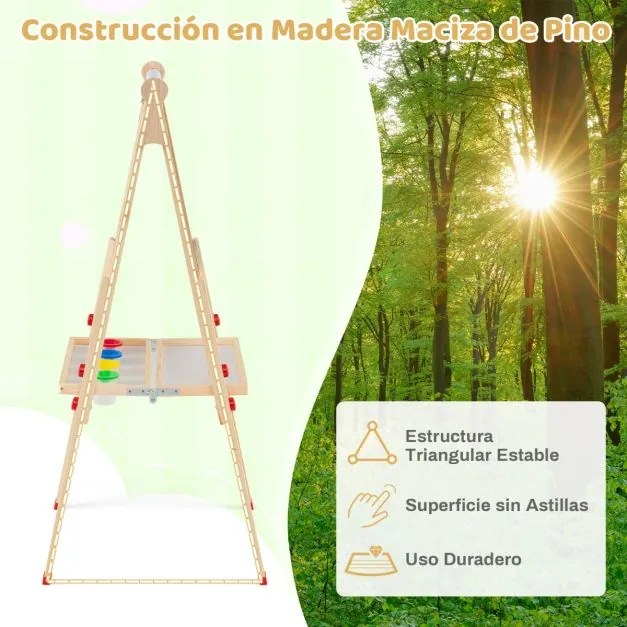 Cavalete de Arte em Madeira para Crianças Dobrável 3 em 1 de Dupla Face com Quadro Magnético Quadro Branco Natural