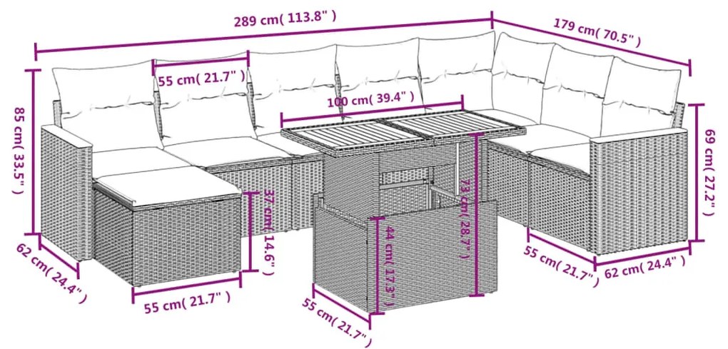 9 pcs conjunto sofás p/ jardim com almofadões vime PE cinzento
