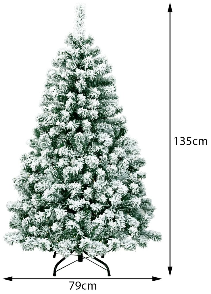 Arvore de Natal artificial com neve de 135 cm com iluminação articulada 200 luzes LED Base metálica dobrável Verde