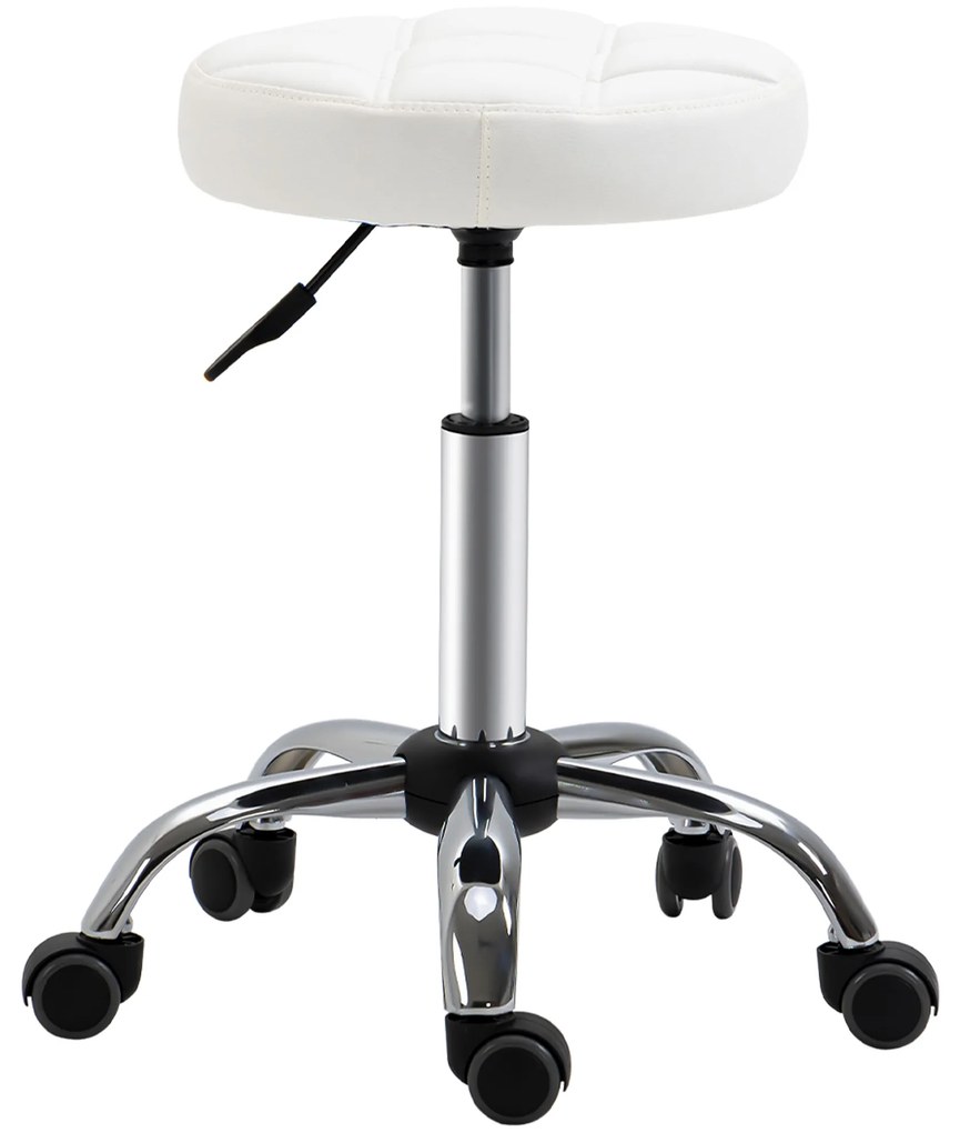 HOMCOM Banco Giratório com Rodas Altura Ajustável entre 48-63cm Banco de Trabalho Estofado em Couro PU para Salão Dentista Diâmetro Ø35,5cm Branco