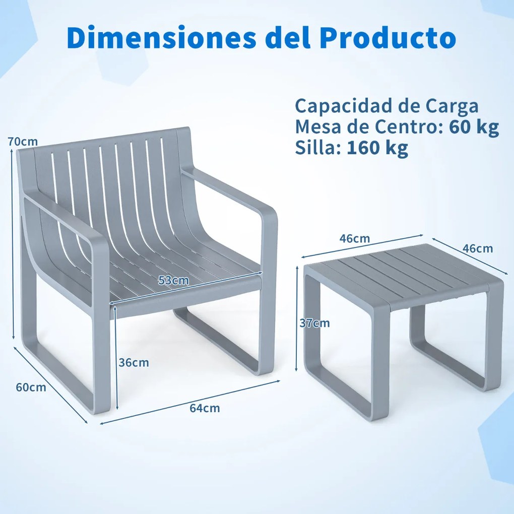 Conjunto de móveis de jardim de 2 peças Cadeira PP com mesa e cadeira de ripas Bistro para alpendre e jardim Cinzento