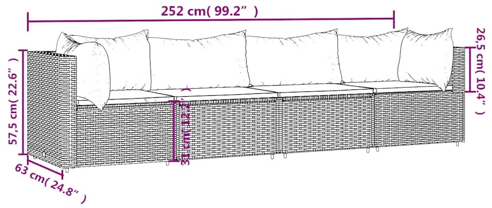 4 pcs conjunto lounge jardim c/ almofadões vime PE castanho