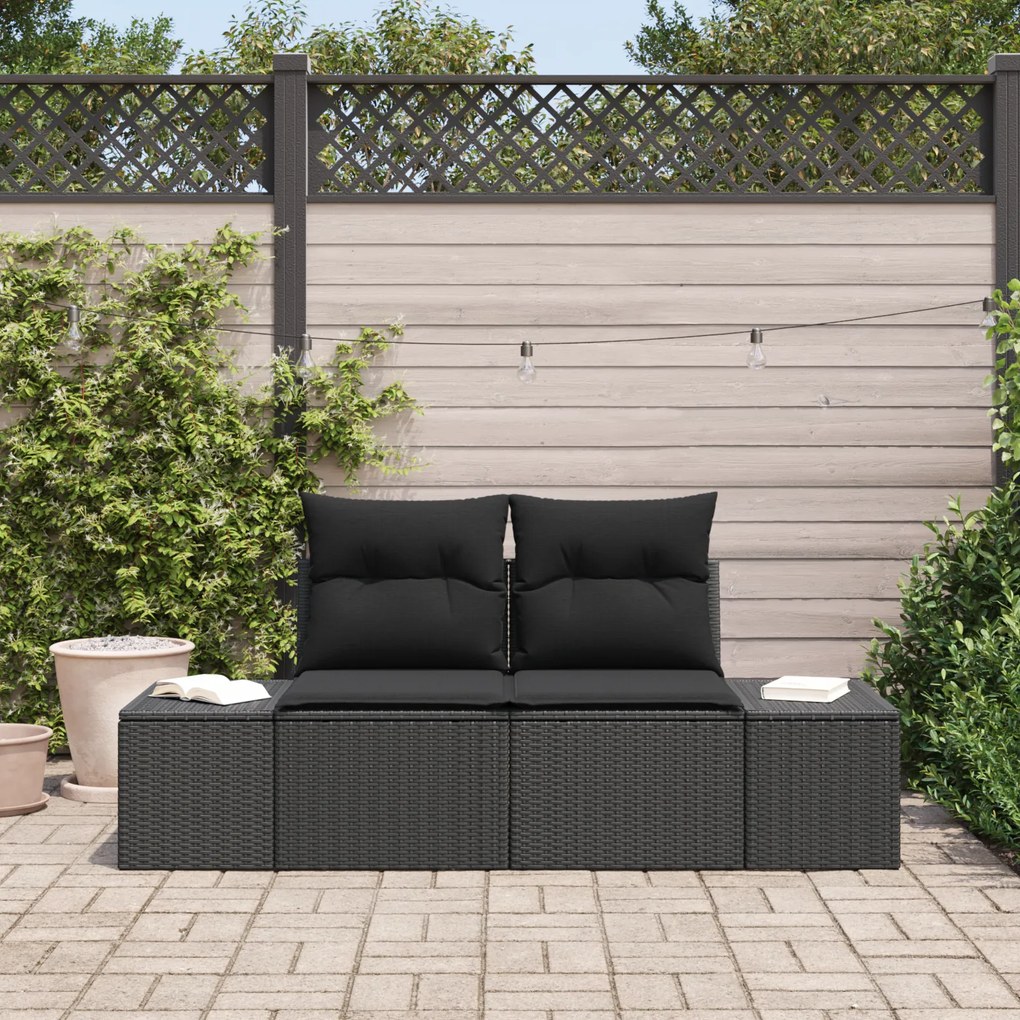 vidaXL Sofá de Jardim de 2 lugares com Armazenagem e Almofadas Preto Rattan