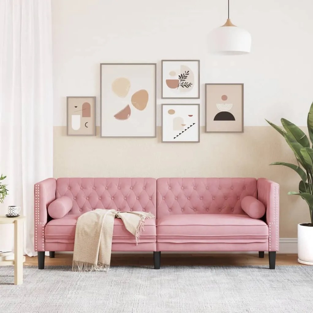 Sofá chesterfield com rolos 3 lugares veludo rosa