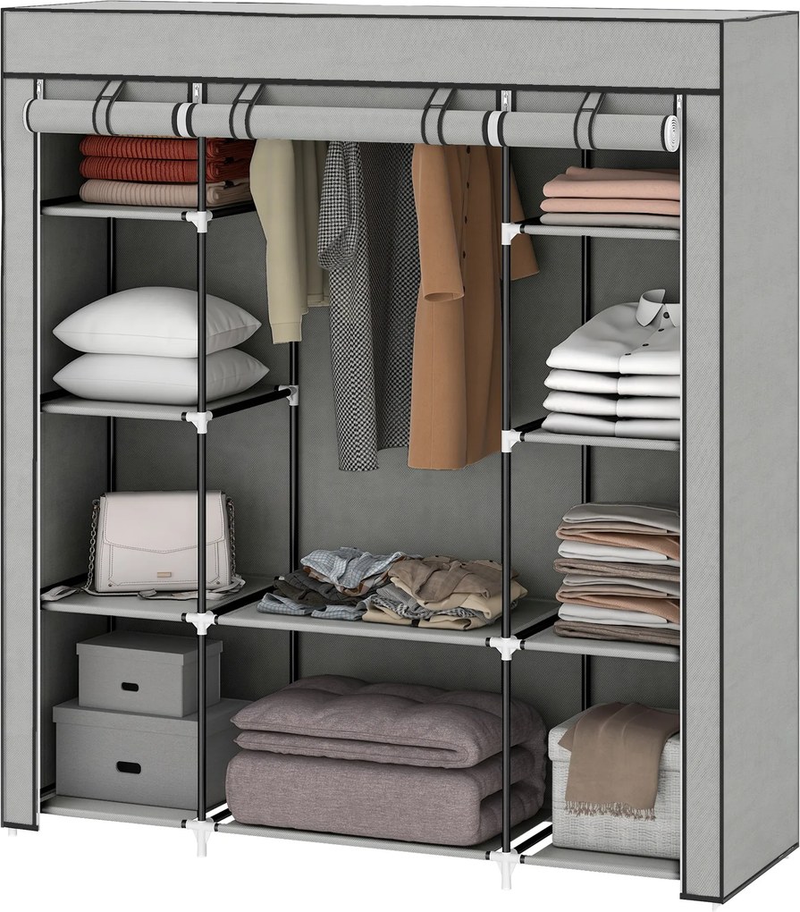 Guarda roupa dobrável em tecido, com barra para pendurar roupa e prateleiras, 150 x 43 x 162,5 cm, cinzento claro