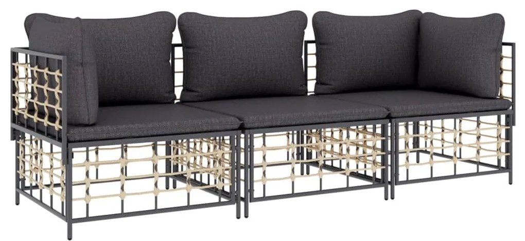 3 pcs conjunto lounge de jardim c/ almofadões vime PE antracite