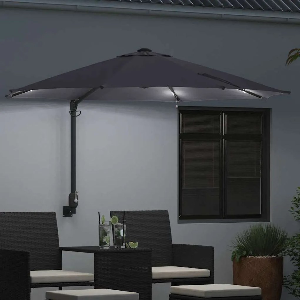 Parasol de Jardim Montado na Parede com LEDs Antracite, 248 cm