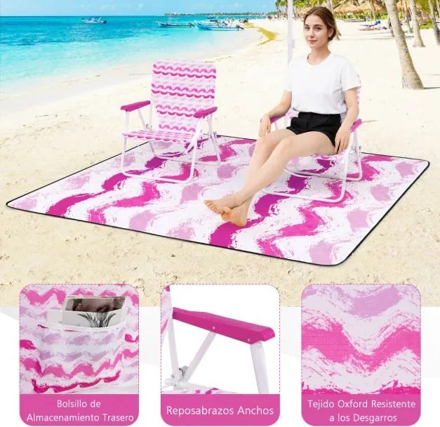 Conjunto de guarda-sol de praia com 2 cadeiras dobráveis e manta de piquenique para exterior com mecanismo de inclinação Rosa