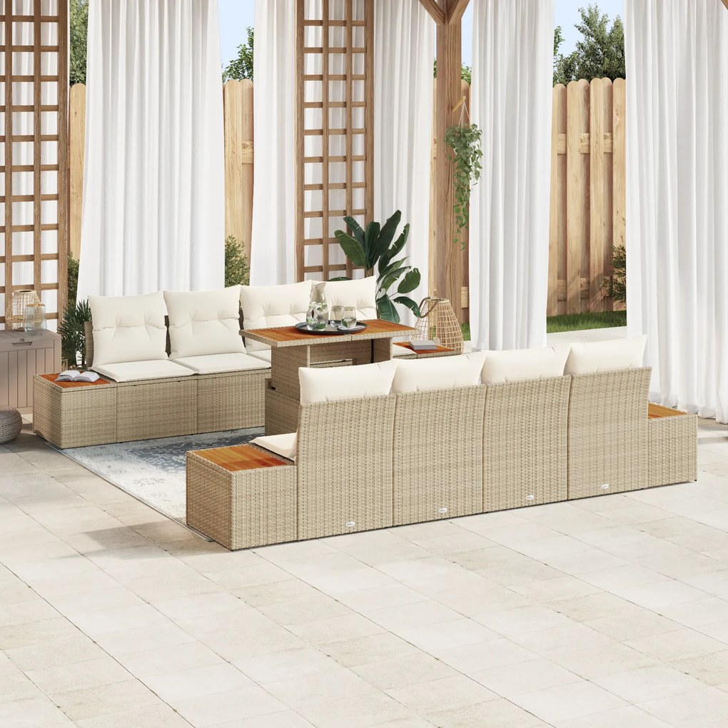 vidaXL Conjunto de Jantar para Jardim com 9 Peças e Almofadas Bege em Rattan Sintético e Acácia