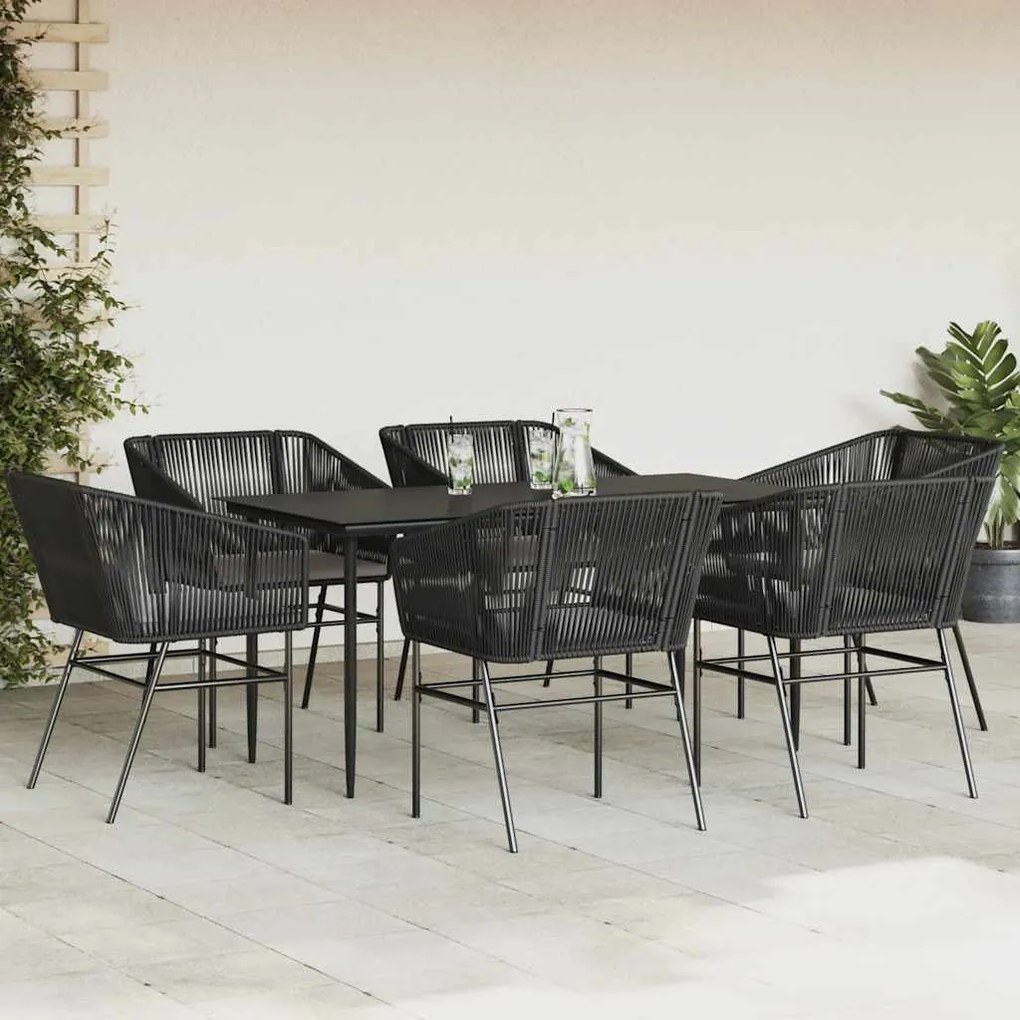Conjunto de jantar jardim 7 peças almofadas vidro vime PE preto