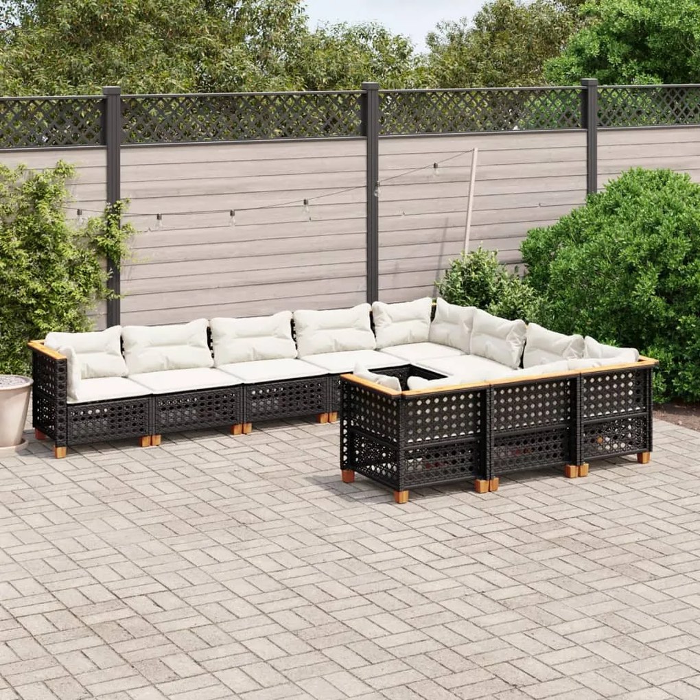 10 pcs conjunto sofás de jardim c/ almofadões vime PE preto