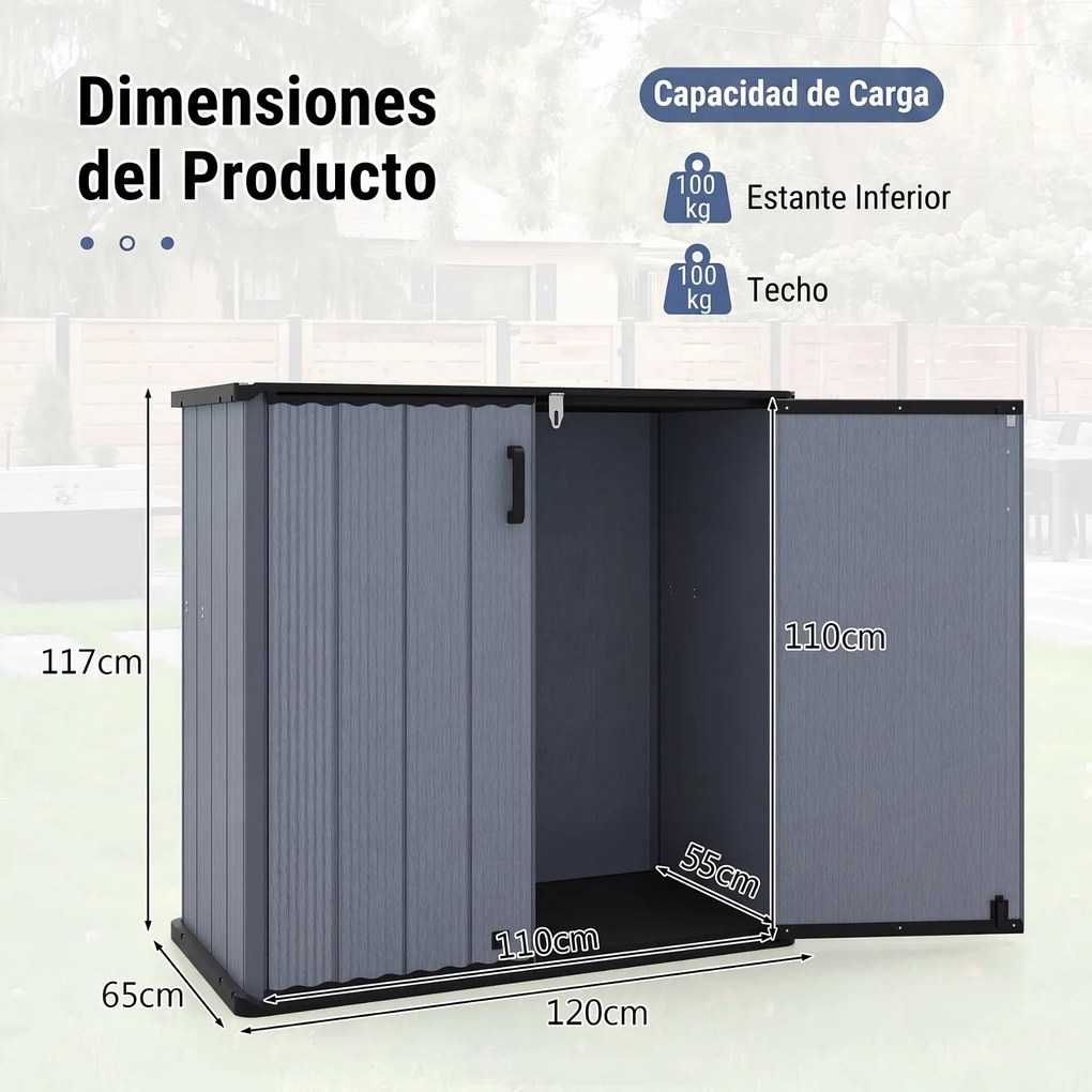 Armário de Arrumação de Jardim, 120 x 65 x 117 cm, Dupla Porta, Cinzento