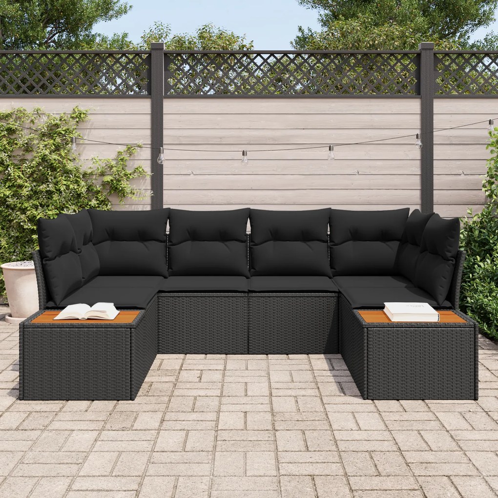 Conjunto de Sofá de Jardim de 6 Peças com Almofadas Preto Rattan