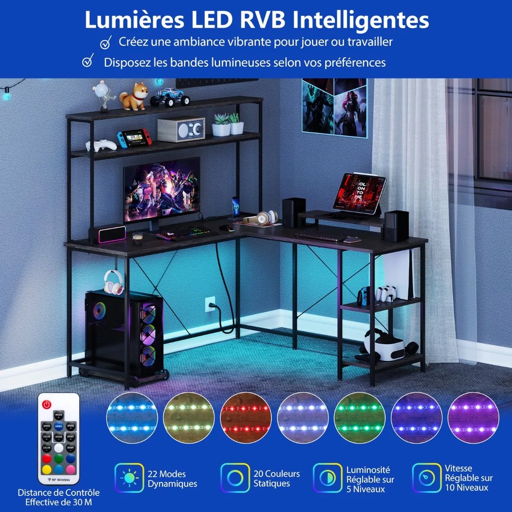 Mesa com luzes LED e tomadas elétricas, escritório moderno, prateleiras abertas, 2 gavetas, armário, suporte para CPU, bolso, preto