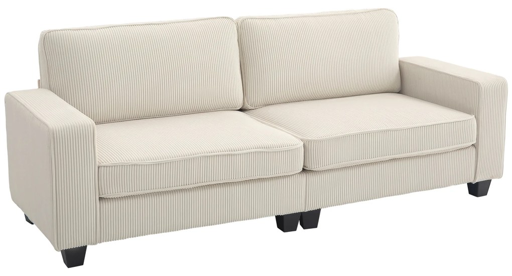 HOMCOM Sofá de 3 Lugares com Tecido Corduroso Sofá de Sala de Estar com Suspensão Até 400 Kg 227x84x87 cm Branco Creme | Aosom Portugal