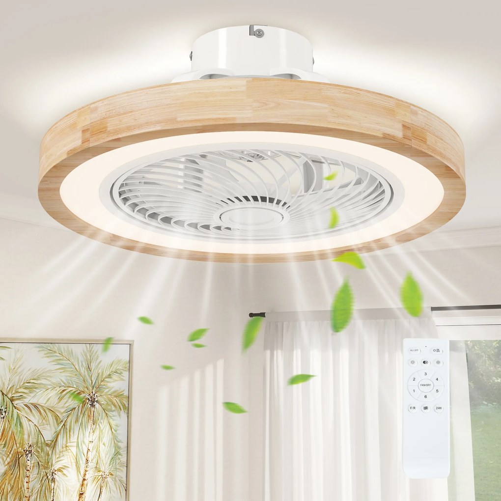 Ventilador de Teto com Luz, 50 x 50 x 22,5 cm, Motor DC Reversível, cor Madeira Natural