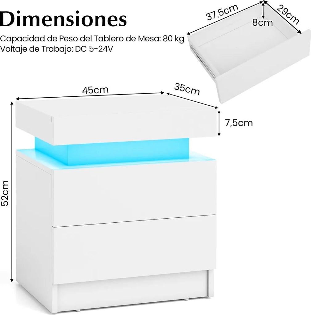 Mesa de cabeceira com luzes LED, 2 gavetas de arrumação, acabamento brilhante e textura de mármore branca