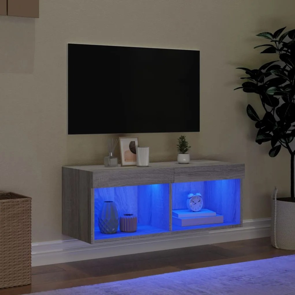 Móvel de TV com luzes LED 80x30x30 cm cinzento sonoma