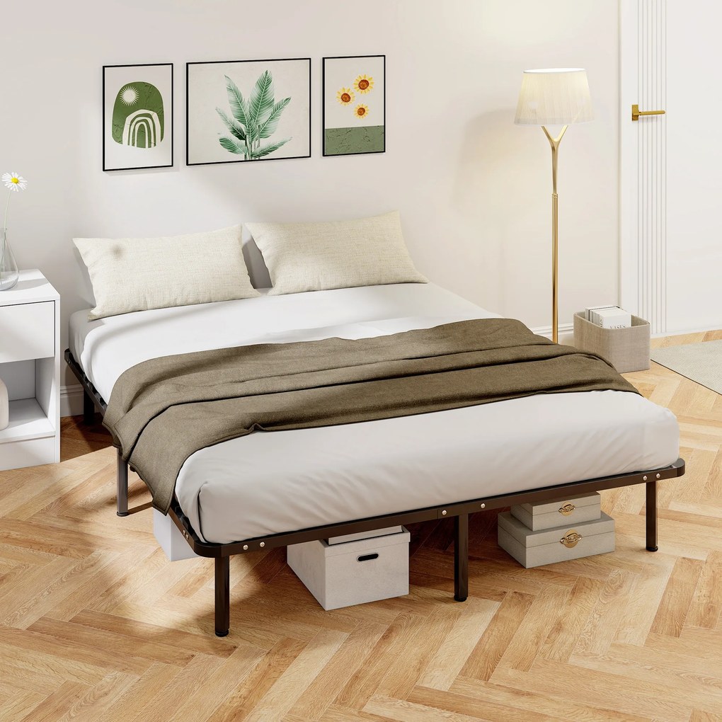 Cama de 160 x 190 cm, cama de casal em madeira maciça com base de ripas e pés, espaço de arrumação por baixo, preta