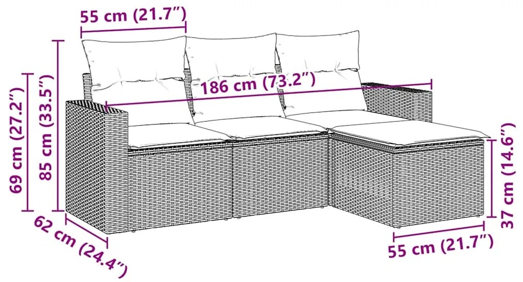 4 pcs conjunto de sofás para jardim c/ almofadões vime PE preto