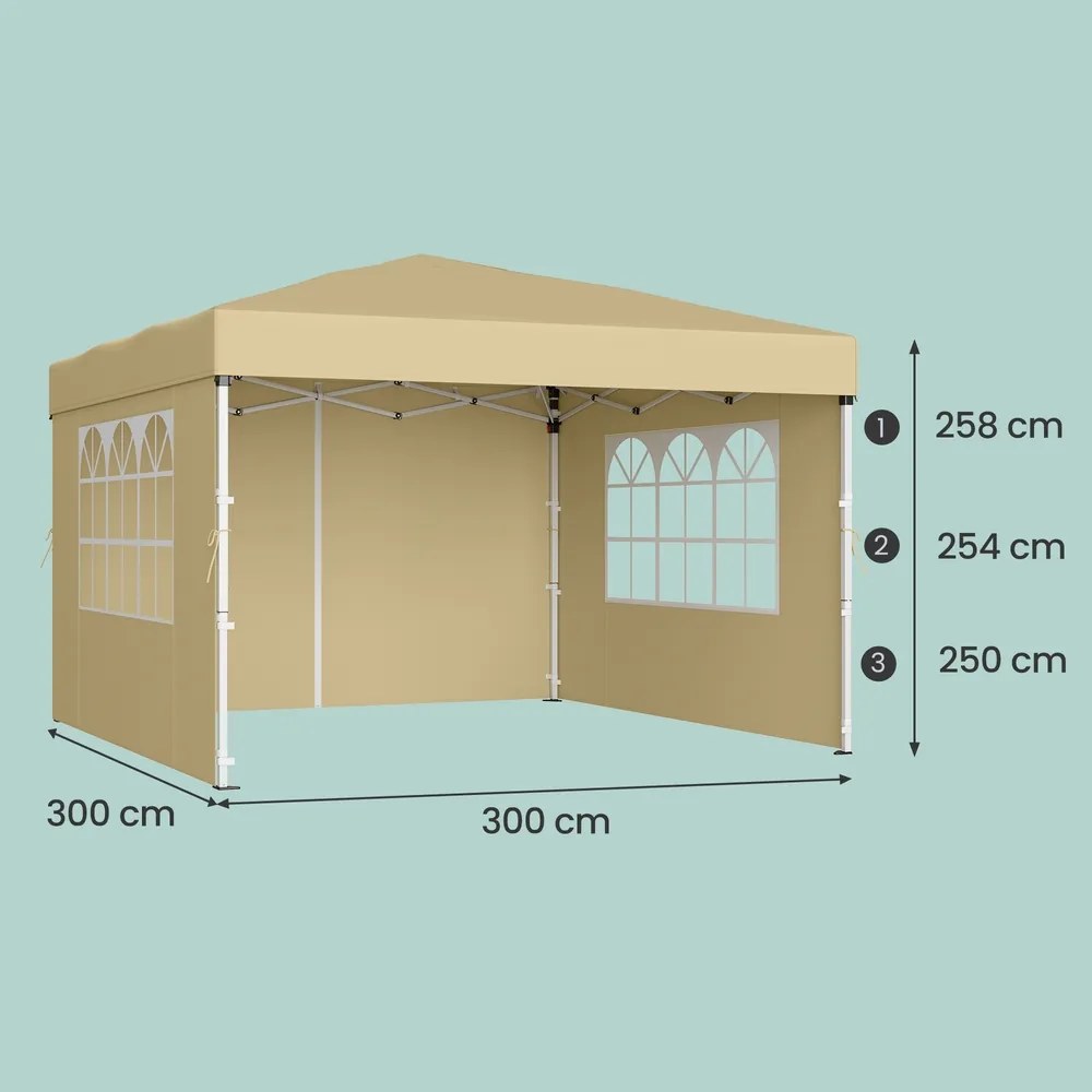 Tenda dobrável de 3 x 3 m, com paredes laterais, resistente, pavilhão para jardim bege