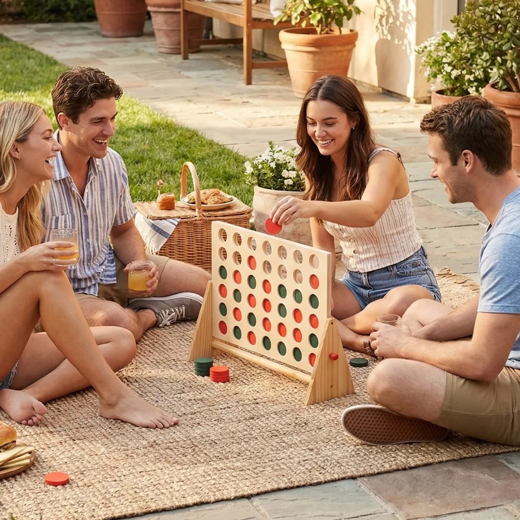 Jogo Conecta de 4 peças  62 x 17 x 40 cmcom 42 fichas e moldura em madeira de pinho para uso interior e exterior – Família, Crianças, Adolescentes, Ad
