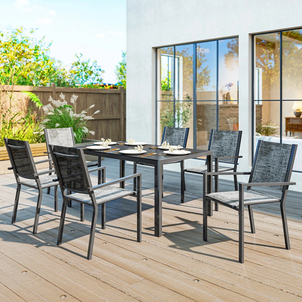 Mesa de jardim para exterior com 6 cadeiras empilháveis, tampo com ripas de 150 cm, estrutura em aço inoxidável, preta