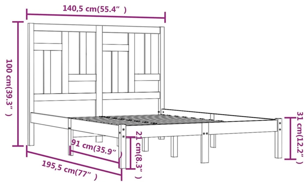 Estrutura de cama casal 135x190 cm madeira maciça