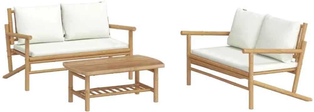 3 pcs conjunto lounge de jardim bambu c/ almofadões branco nata