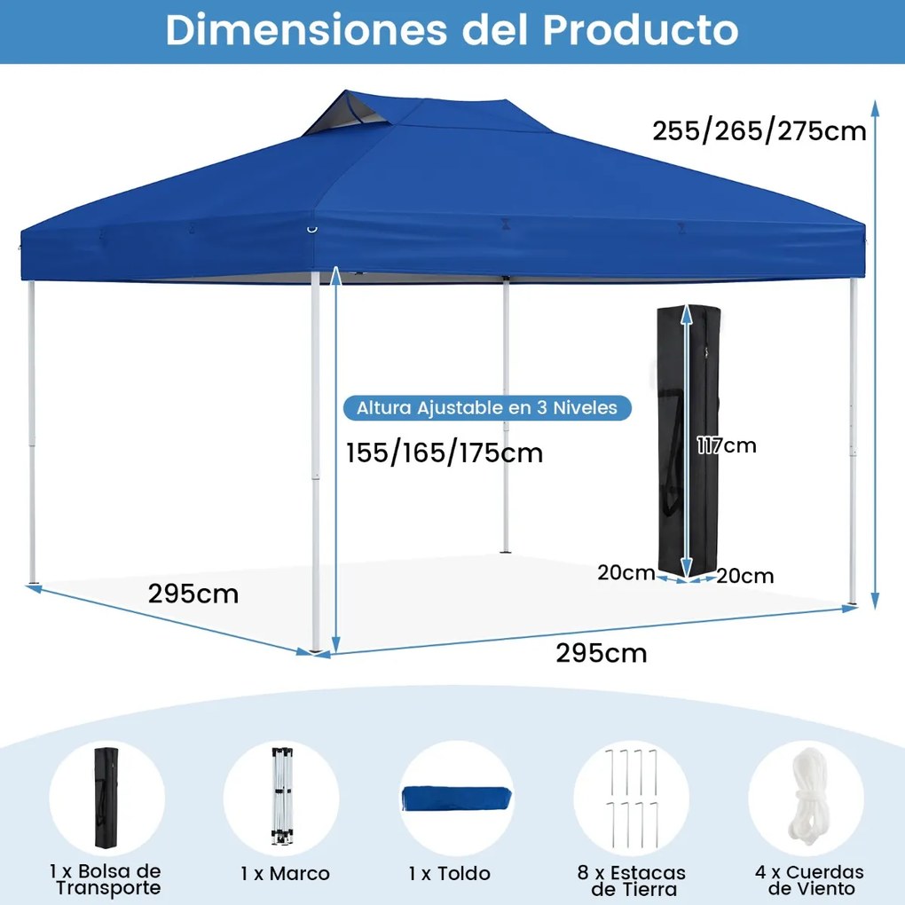 Tenda dobrável 295 x 295 cm para jardim, feiras, eventos com bolsa de transporte teto ventilado Azul