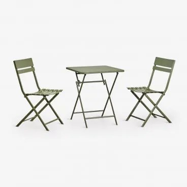 Conjunto De Mesa Quadrada 60x60 Cm Dobrável E 2 Cadeiras De Jardim Em Aço Tamarit Verde Azeitona Intenso - Sklum