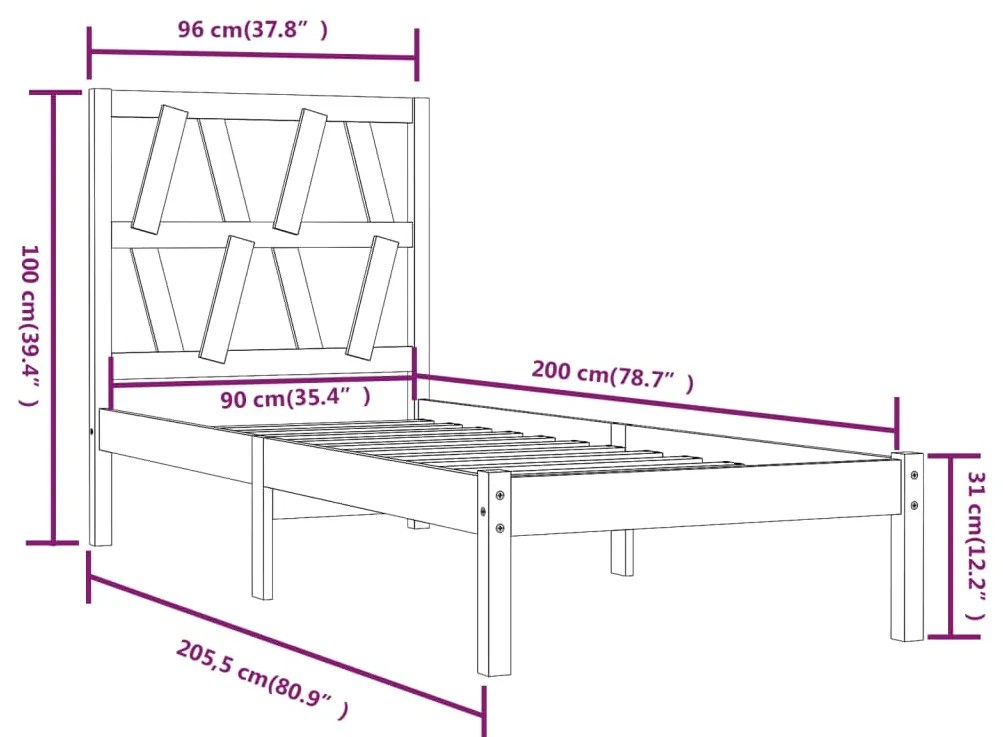 Estrutura de cama 90x200 cm pinho maciço branco