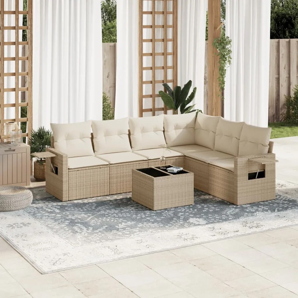 vidaXL 7 pcs conjunto de sofás p/ jardim com almofadões vime PE bege