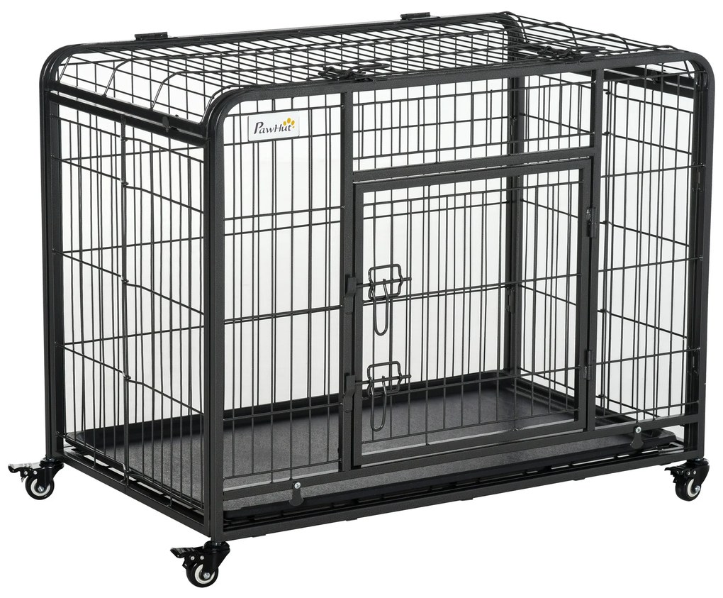 Gaiola de metal dobrável para cães com rodas e freios Bandeja removível e porta com travas 109,5x71x78 cm Cinza escuro