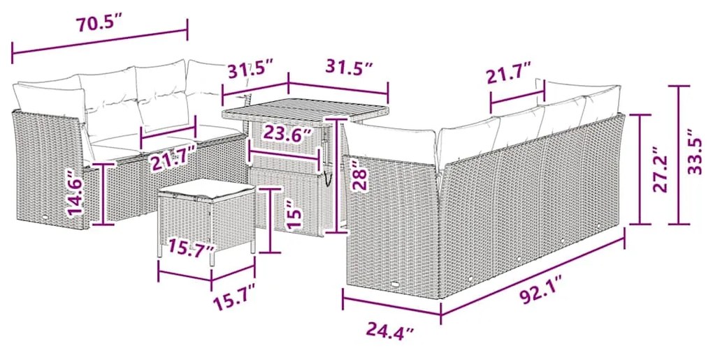 Conjunto de Sofá de Jardim vidaXL 10 Peças com Almofadas Preto Ratan P