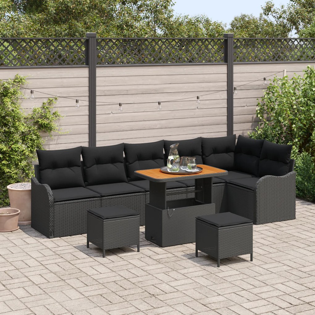Conjunto de Sofá de Jardim vidaXL de 9 Peças com Almofadas Preto Rattan Poliéster Acácia