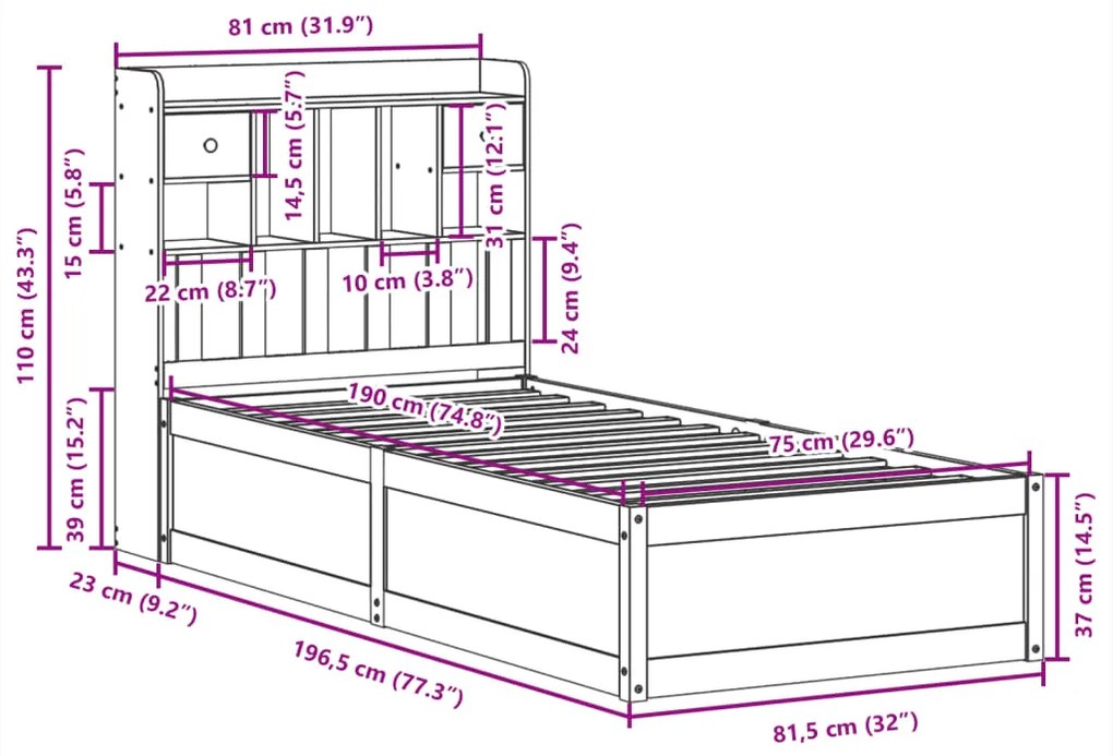 Cama sem colchão 75x190 cm madeira de pinho maciça castanho-mel