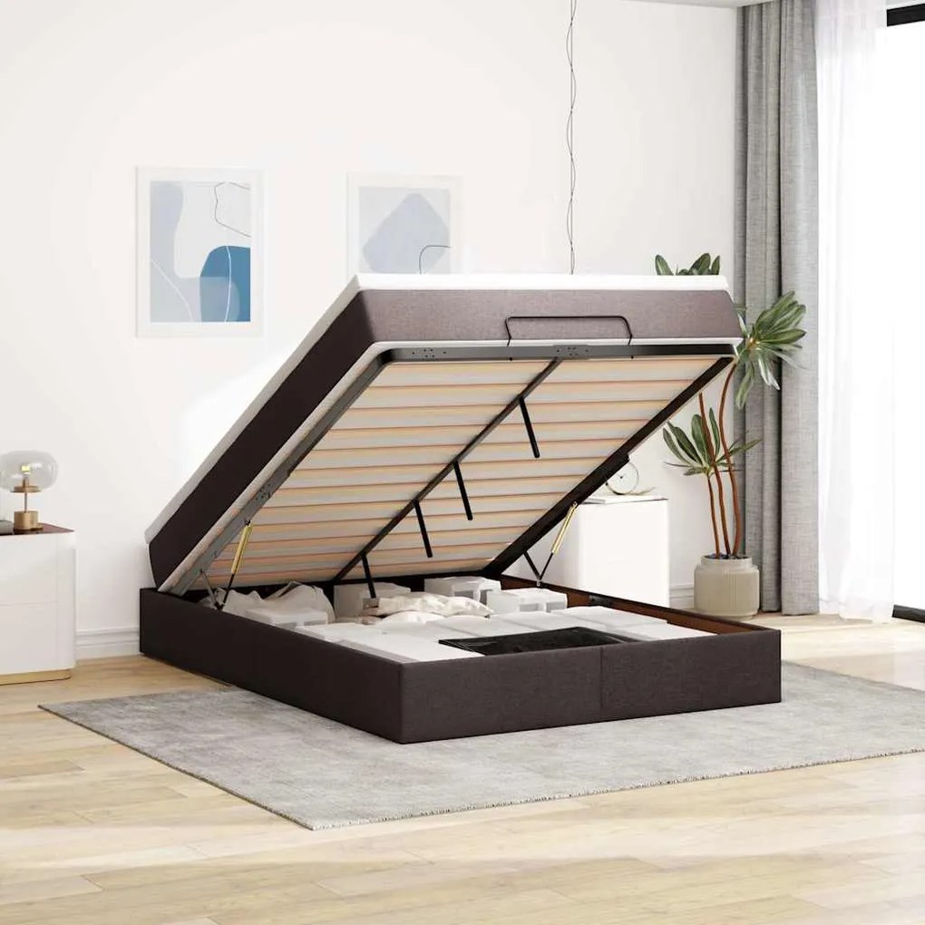 Estrutura cama otomana colchão 140x200cm tecido castanho escuro