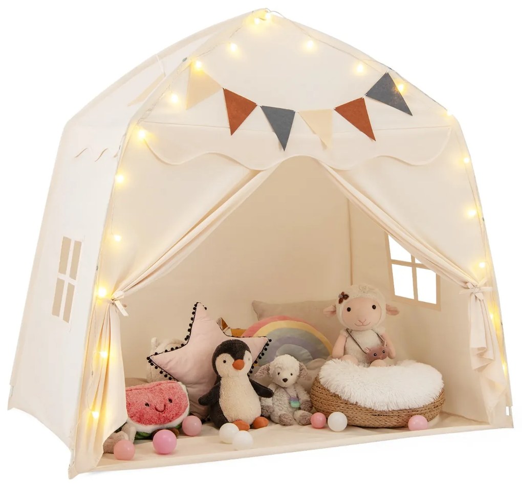 Tenda de brincar para crianças, cama, tenda com luzes de corda, tenda de brincar extra grande - café
