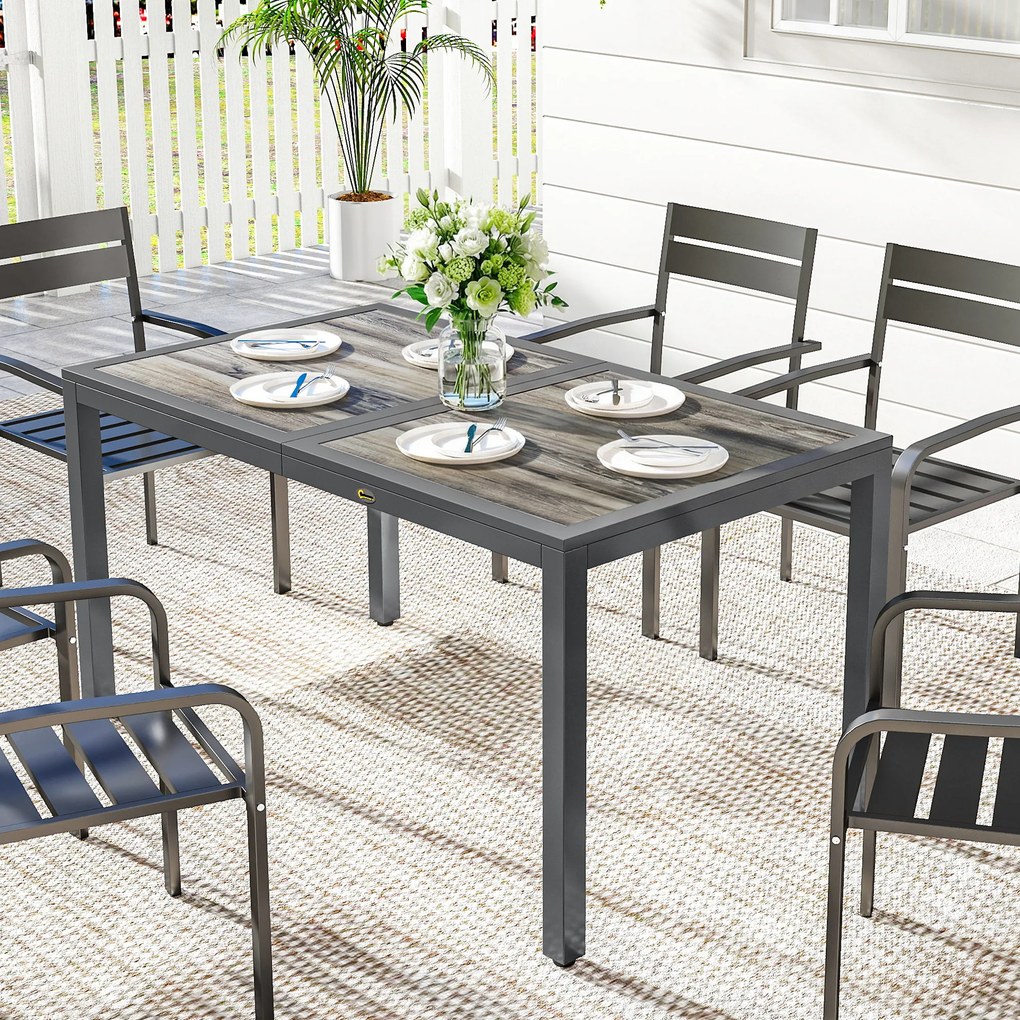 Mesa de jardim para 4 a 6 pessoas, 140 x 80 x 72 cm mesa de jantar de exterior com tampo com efeito de madeira,cinzento escuro