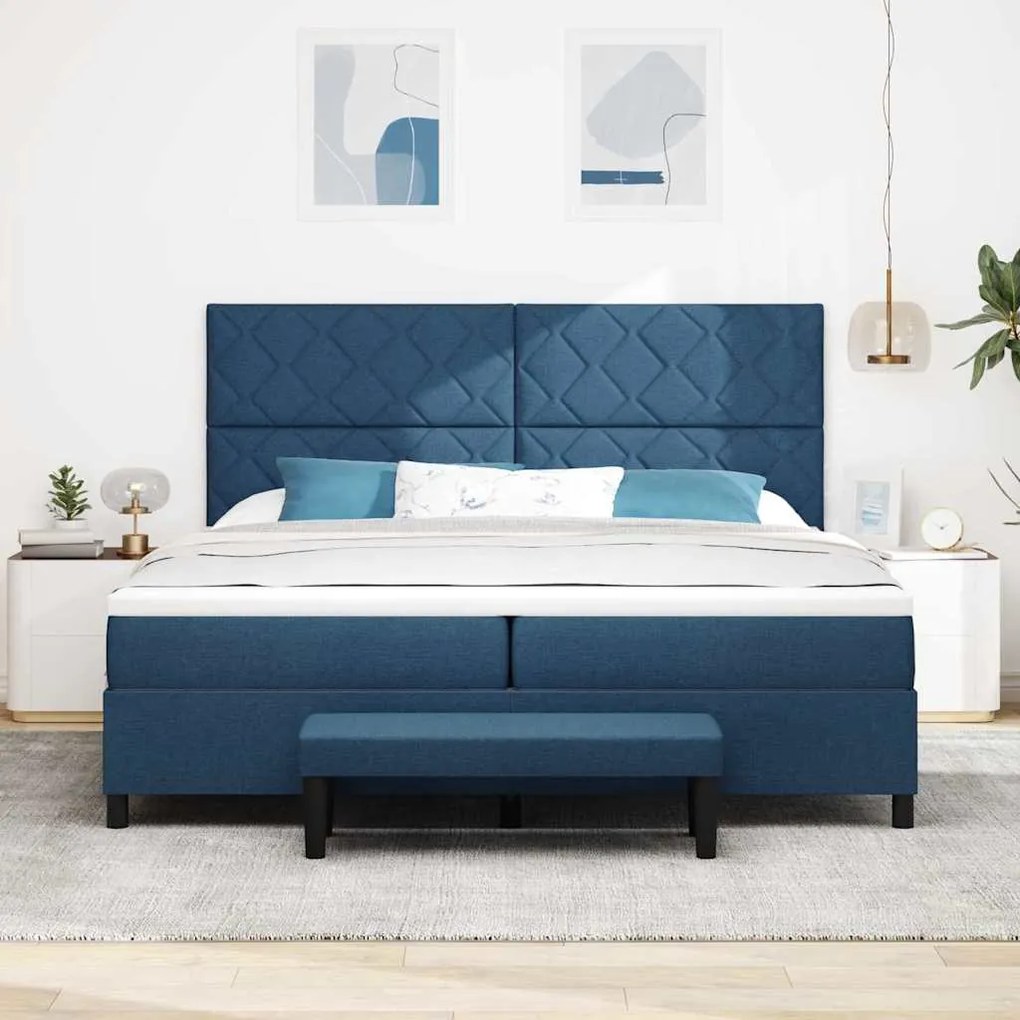 Cama Box Spring com Colchão &amp; Banco Azul 200x200 cm Tecido