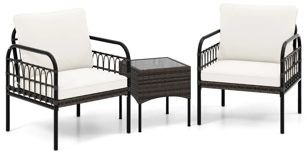 Conjunto de móveis jardim de vime de rattan de 3 peças com cadeiras almofadadas Mesa de centro de vidro temperado para varanda, pátio e pátio preto e