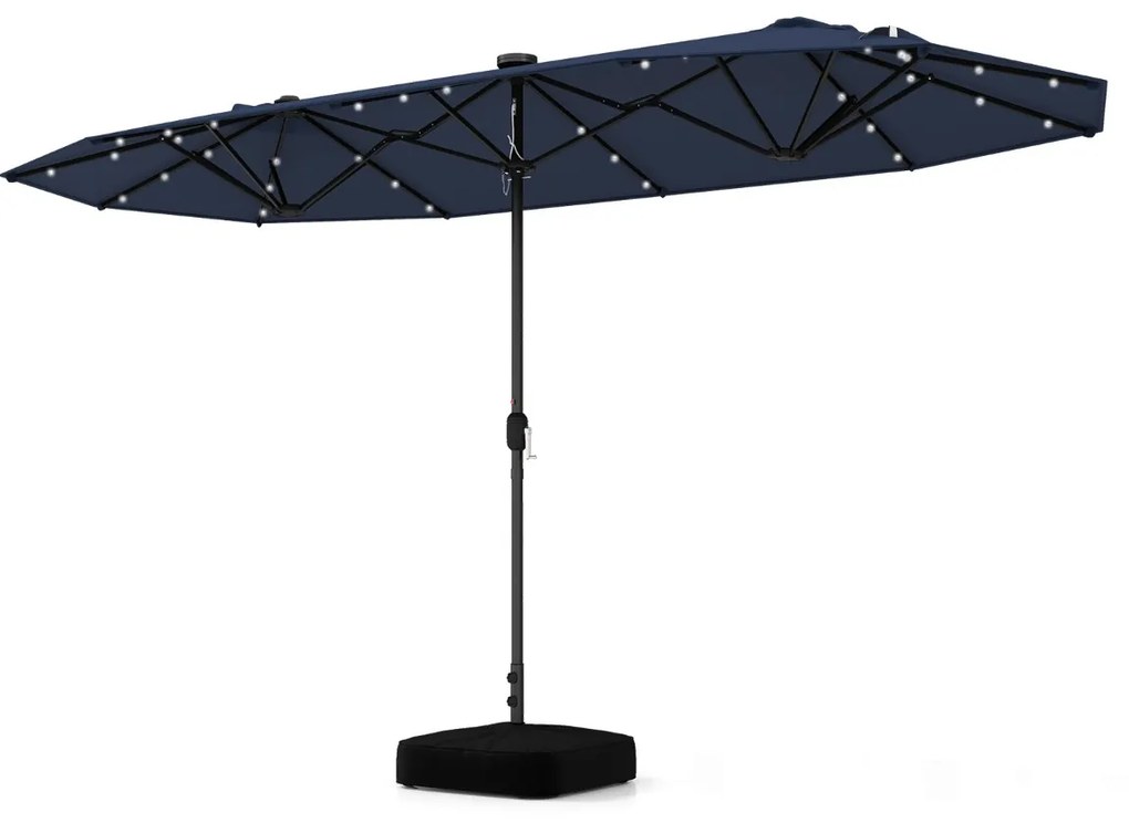 Guarda-sol jardim Duplo 4 x 2 m com Luzes Solares com base e Manivela Azul Marinho