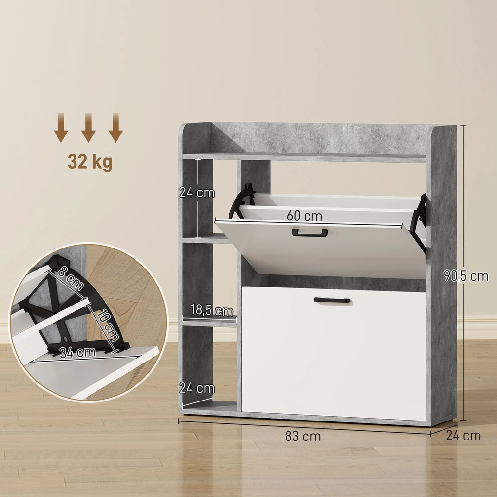 Sapateira com capacidade para 15 pares, armário moderno com 2 gavetas rebatíveis, 83 x 24 x 90,5 cm, branco e cinzento