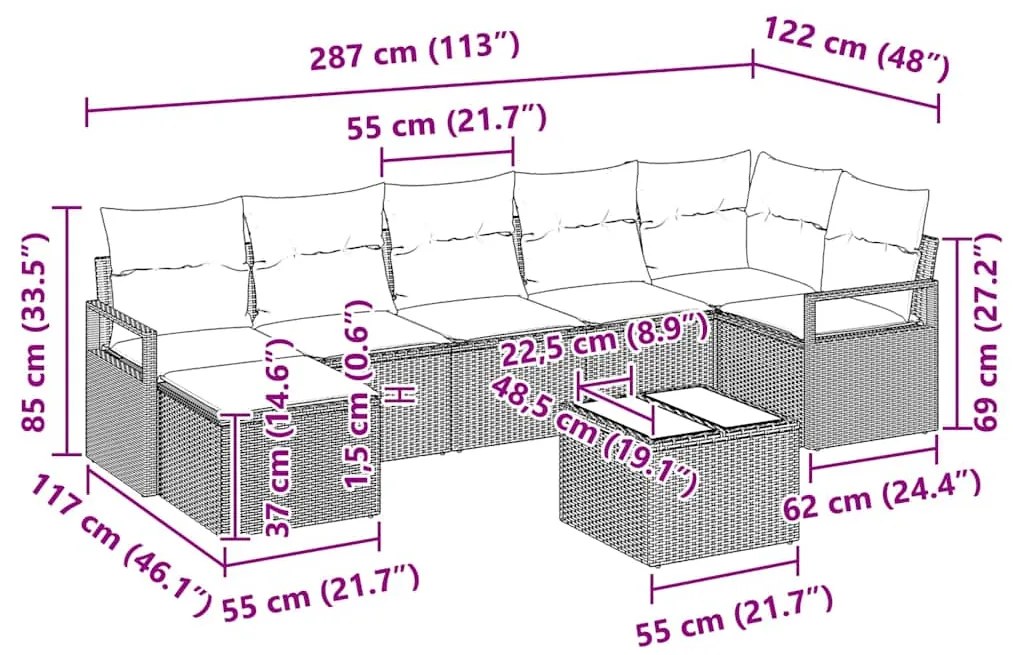 Conjunto de Sofá para Jardim de 7 Peças com Almofadas em Rattan Sintét