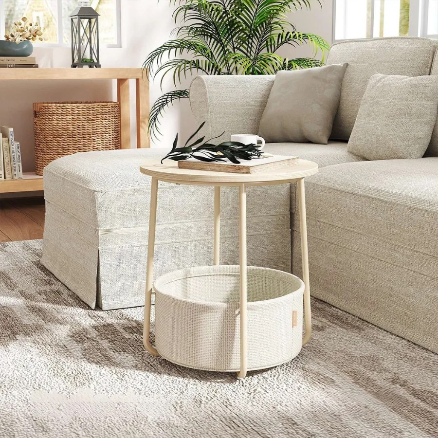 Mesa auxiliar redonda com cesto em tecido 45 x 50 cm bege