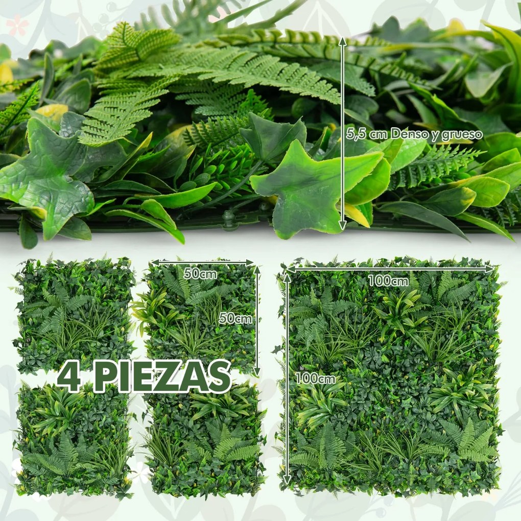 Conjunto 4 peças de painéis de sebes artificial 50 x 50 cm com várias folhas Painel de parede de relva de proteção solar para interior e exterior Verd