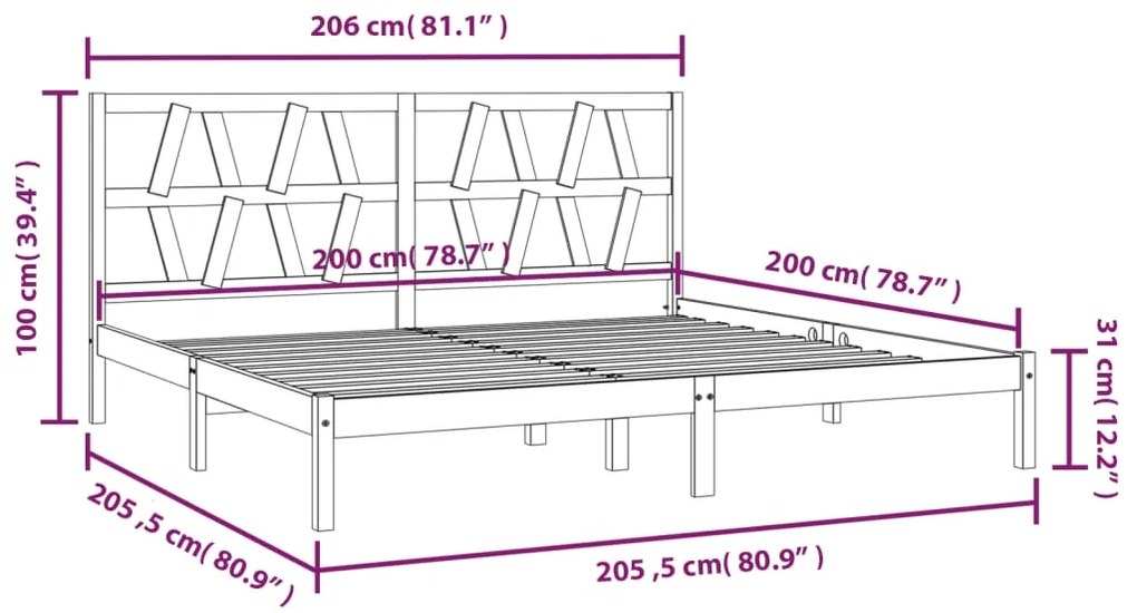 Estrutura de cama 200x200 cm pinho maciço preto
