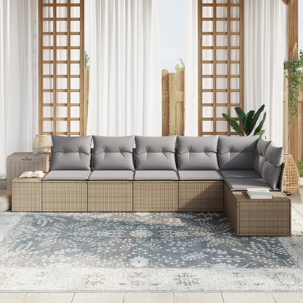 Conjunto de Sofá de Jardim com 6 Peças e Almofadas Bege Vime PE