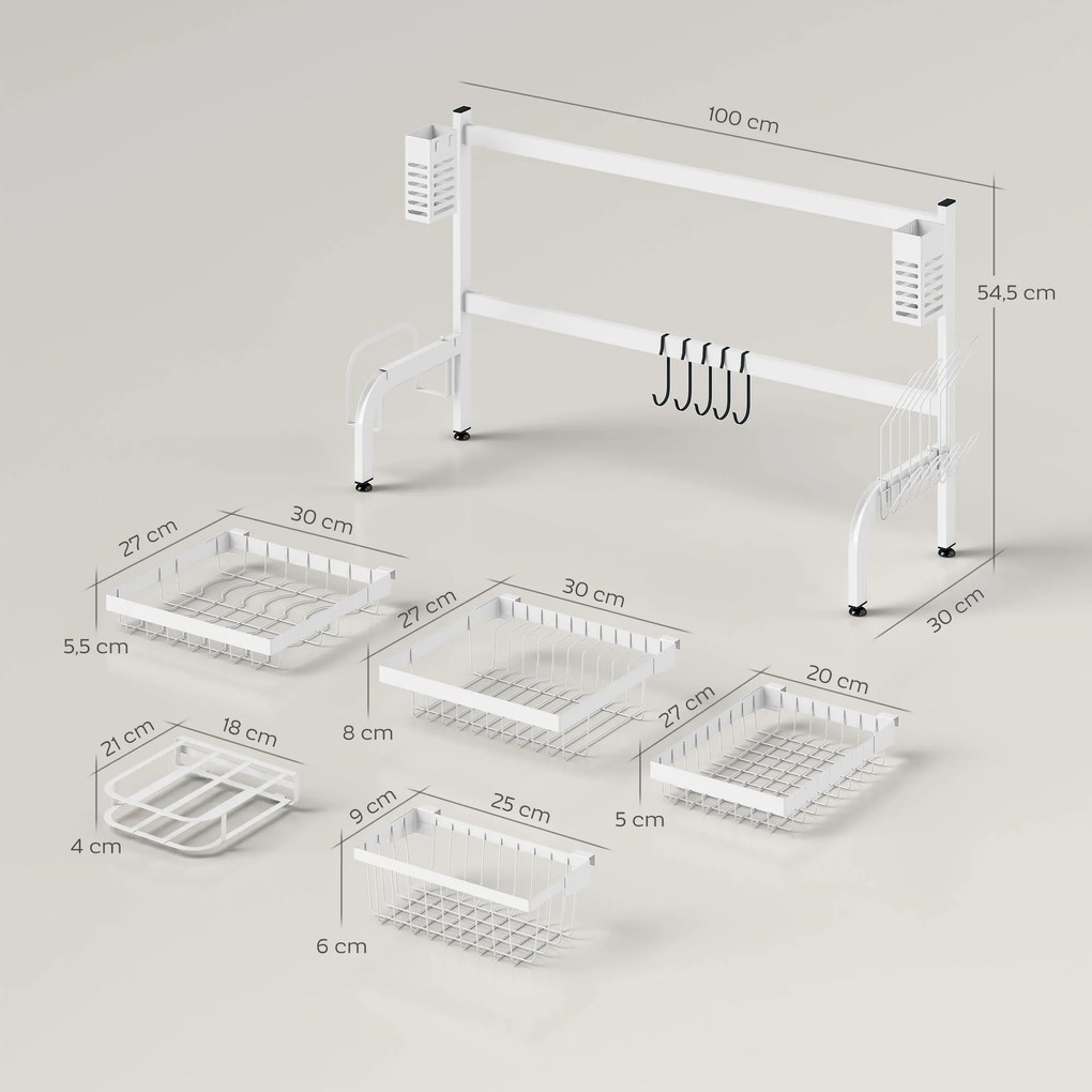 Escorredor de Louça de Aço de 2 Níveis com Prateleira para Pratos Suporte para Facas e Talheres 100x30x54,5 cm Branco